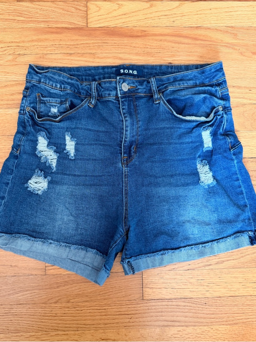 Distressed Dark Blue Denim Shorts